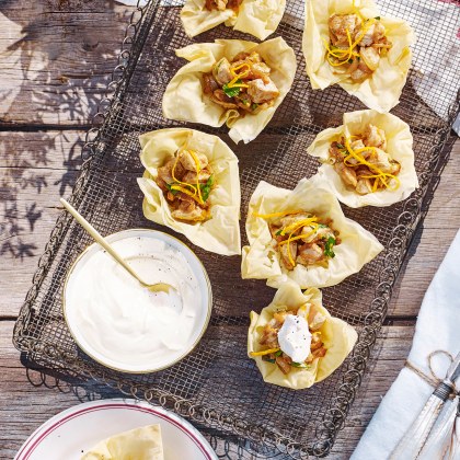 All Spice Chicken Filo Cups with Creme Fraiche and Orange Zest