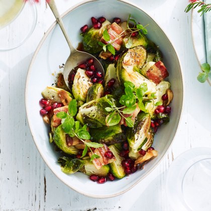 Roasted Brussels Sprouts, Crispy Pancetta and Pomegranate Seeds