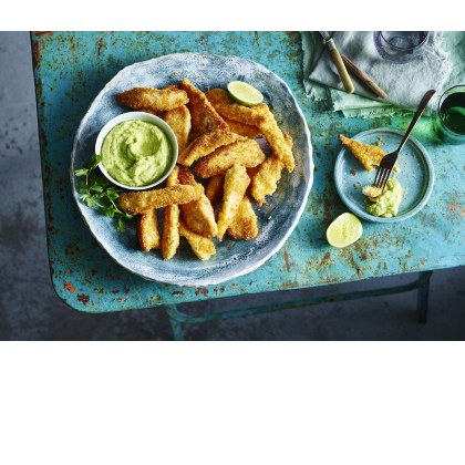 Crispy Coconut Chicken Strips with Avocado Coriander Dip