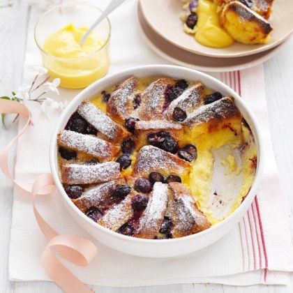 Air Fryer Lemon Curd and Blueberry Brioche Pudding