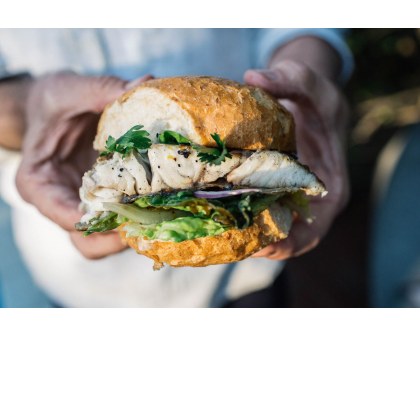 BBQ Barramundi Burger with Grilled Cos, Grilled Lemon & Jalapeno Tartare