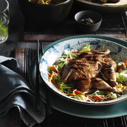 BBQ Hoi Sin Butterfly Quail, Vietnamese Coleslaw and Soy Vinaigrette