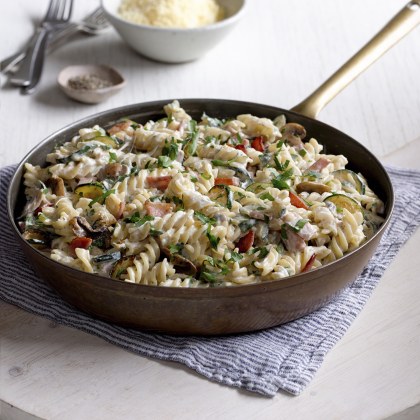 Creamy Bacon, Mushroom and Zucchini Ricotta Fusilli