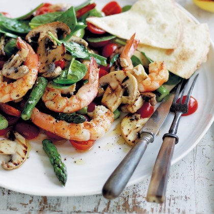 Barbecued Mushroom, Asparagus and Prawn Salad
