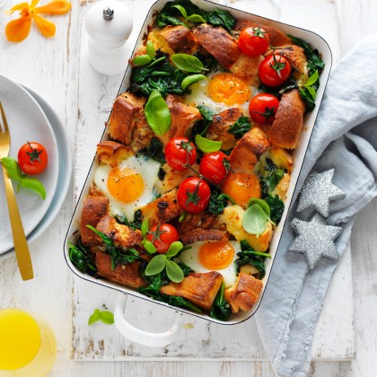 Cheesy Breakfast Strata with Roast Cherry Tomatoes