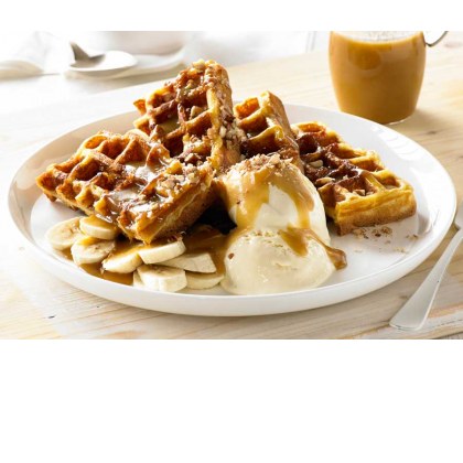Banana Pecan and Caramel with Coconut Ice Cream Waffle