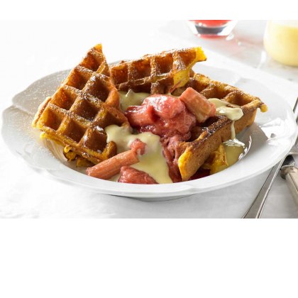 Poached Rhubarb and Vanilla Custard Waffle