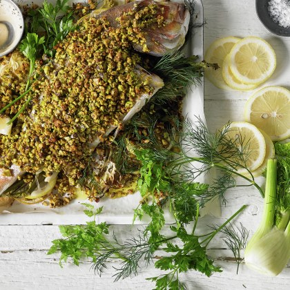 Baked Snapper with Fennel and Pistachio Crust