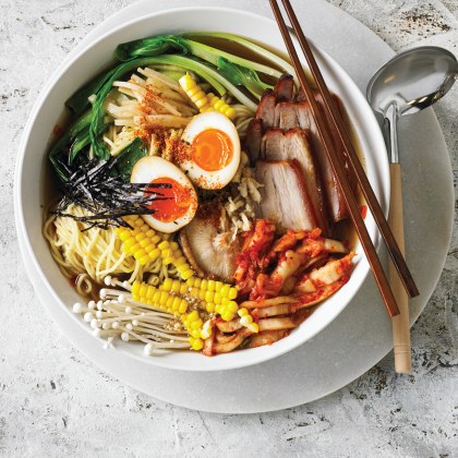 Ramen Noodle Soup with Soy Sauce Eggs, Pork and Mushrooms