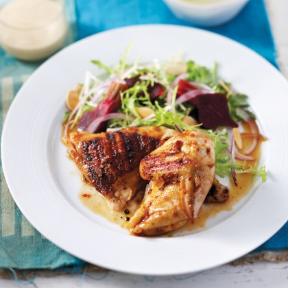 Chilli Spatchcock with Baby Beetroot Frisee and Roasted Almonds