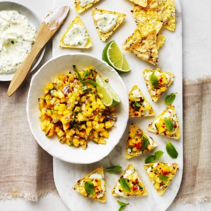 Corn Chip Bruschetta with Mangoes and Herb Ricotta