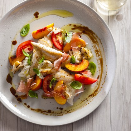 Chicken Tenderloin with Prosciutto, Truss Tomatoes And Peach Salad