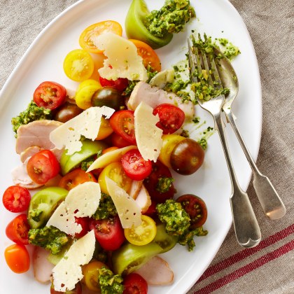 Smoked Chicken and Tomato Salad with Green Olive Salsa
