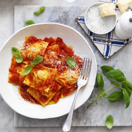 Chicken and Mushroom Ravioli with Simple Tomato Sauce