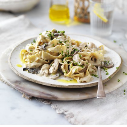 Creamy Chicken, Mushroom and Chive Fettuccine