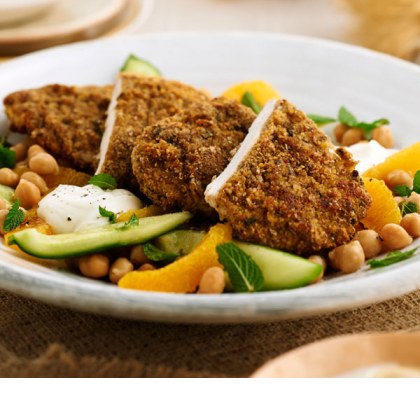 Falafel Chicken with Cucumber Chickpea and Orange Salad