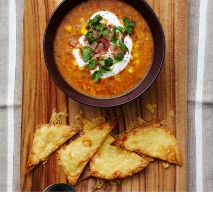 Mexican Tomato and Corn Soup with Tortilla Cheese Chips