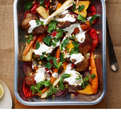 Spiced Lamb and Winter Vegetable Tray Bake with Yoghurt, Pine Nuts and Herbs