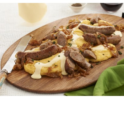 Italian Sausages, Cheesy Polenta and Caramelised Onions