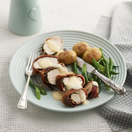 Spinach and Prosciutto Stuffed Chicken Breast with Cheese Sauce