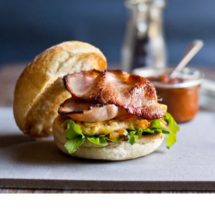 Bacon and Cheddar Omelette Breakfast Burger