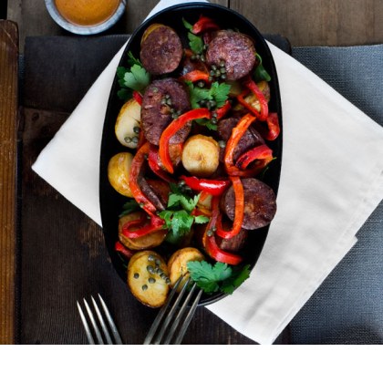 Chorizo, Potato and Piquillo Sizzle Plate with Smoked Aioli