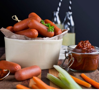 Cocktail Franks with Roast Tomato Chutney and Crudites