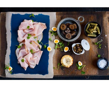 Leg Ham and Baked Ricotta Platter with Quail Eggs and Pickled Walnuts