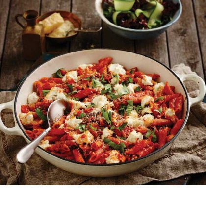 Bacon, Goats Cheese and Basil Pasta Bake