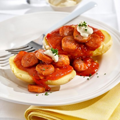 Crispy Kransky Topped Baked Potatoes