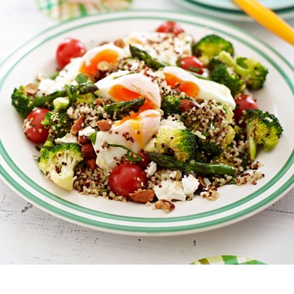 Poached Egg with Asparagus, Quinoa and Nut Salad
