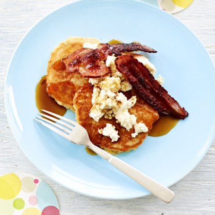 Big Oat Pancakes with Crispy Bacon and Ricotta