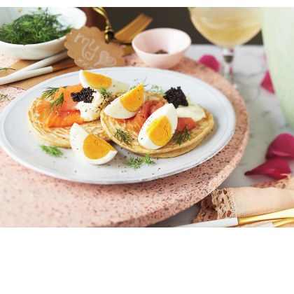 Blinis with Hard Boiled Eggs and Smoked Salmon