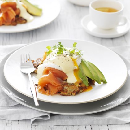 Poached Egg on potato rosti with Smoked Salmon and Avocado