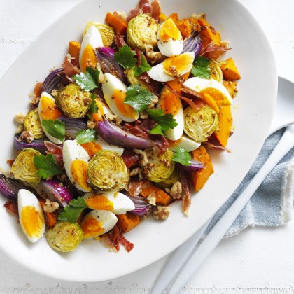 Roasted Pumpkin, Brussel Sprouts and Prosciutto with Egg