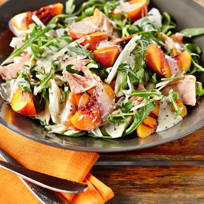 Grilled Peaches with Hot Smoked Salmon, Rocket and Fennel