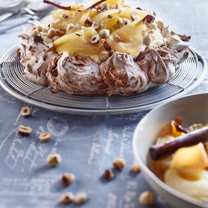 Chocolate Pavlova with Hazelnuts and Pears