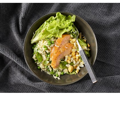 Salad of Hot Smoked Salmon, Risoni and Peas