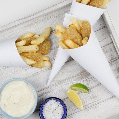 Crumbed whiting and chips cones