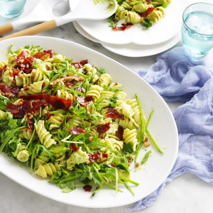 Creamy Avocado Pasta Salad with Crispy Prosciutto