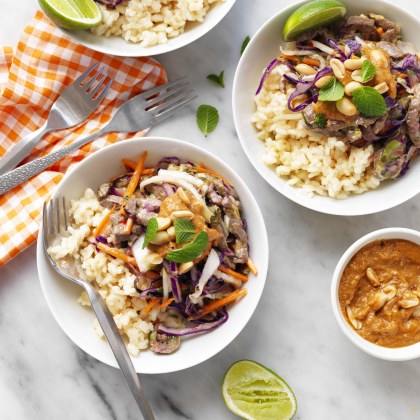 Thai Beef Coconut Rice with Peanut Sauce