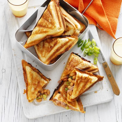 Baked Bean Jaffles with Cheese, Ham and Shallots