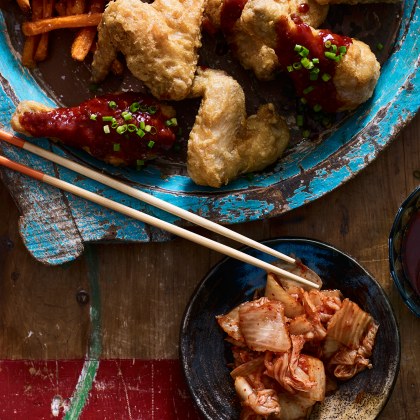 Korean Fried Chicken with Kimchi and Chips