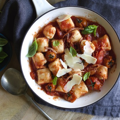 Ricotta Gnocchi with Roast Tomato, Basil and Bacon