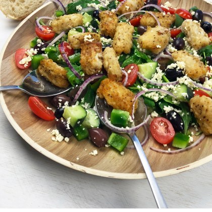 Salt and pepper squid with greek salad