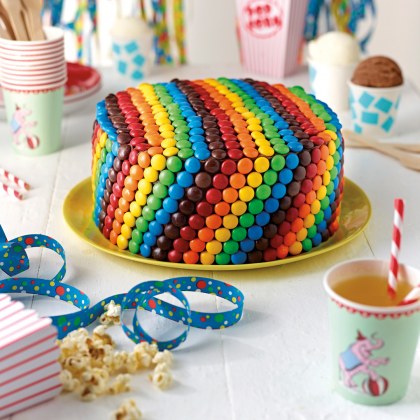 Rainbow Teacake with Vanilla Frosting and M&Ms
