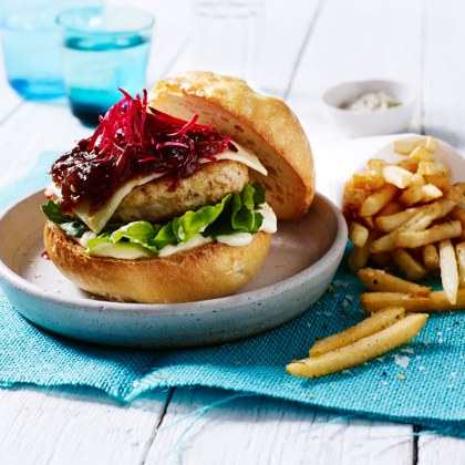 Thyme Chicken Burgers with Aioli, Caramelized Onion Jam and Tuscan Salt Fries