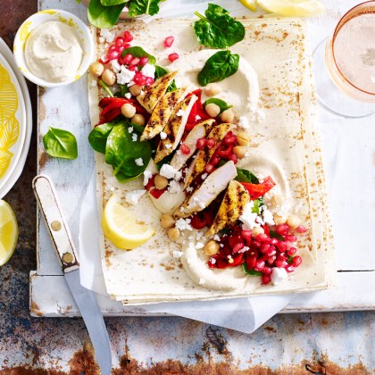Chia Wraps with Pomegranate and Moroccan Chicken