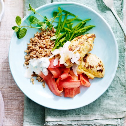 Chicken Steak with Farro, Pickled Carrot and Toasted Coconut Salad Bowl