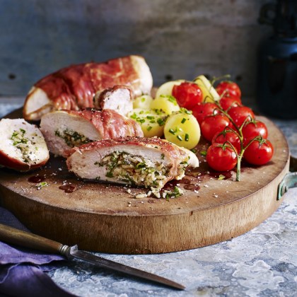 Prosciutto-Wrapped Chicken with Vine Tomatoes and Chat Potatoes